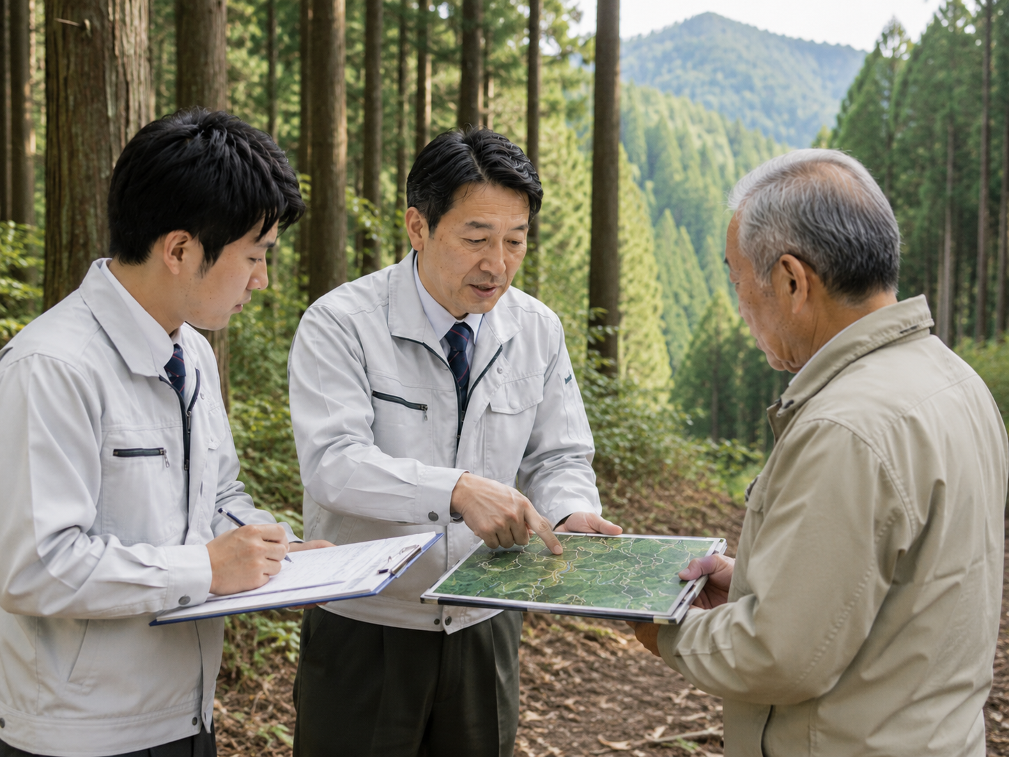 森林現場で専門家が森林所有者に経営管理制度の地図を説明しているシーン
